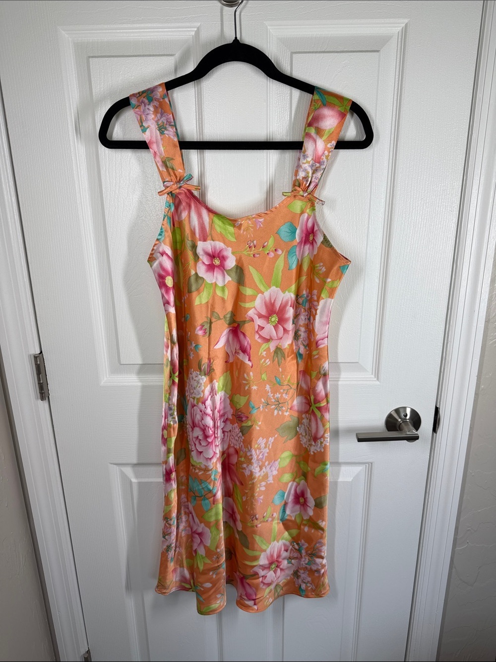 Pink K floral satin nightgown orange with colorful tropical print size medium